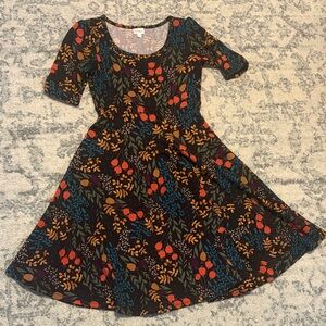 LulaRoe Nicole brown Floral Dress with Teal and Mustard Accents